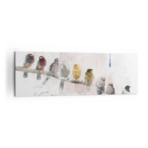 Obraz na płótnie - Kolorowe ptaki na gałęzi w akwarelowym stylu - 160x50cm - Skrzydlate spotkanie - Nowoczesna dekoracja ścienna do salonu i sypialni ARTTOR