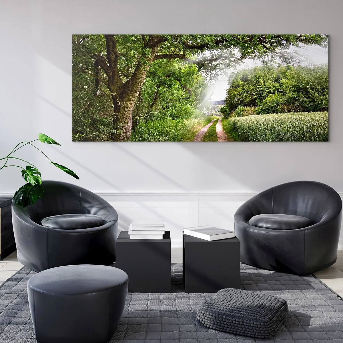 Obraz na szkle - Polna droga wśród zielonych drzew i promieni słońca - 120x50cm - Et in Arcadia ego - Nowoczesna dekoracja ścienna do salonu i sypialni ARTTOR