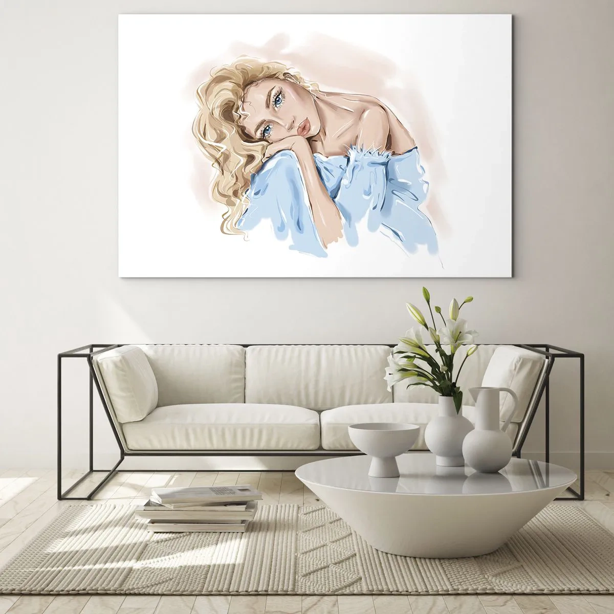 Obraz na szkle - Portret blondynki w błękitnej sukni o zamyślonym spojrzeniu - 70x50cm - Rozmarzona w błękicie - Nowoczesna dekoracja ścienna do salonu i sypialni ARTTOR