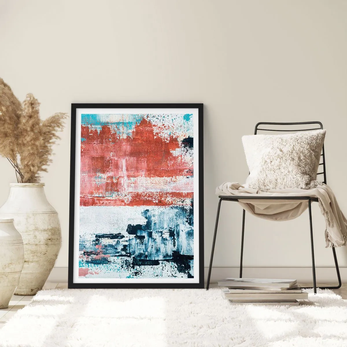 Plakat w czarnej ramie - Abstrakcyjna kompozycja w odcieniach czerwieni, bieli i niebieskiego - 50x70cm - Abstrakcyjne pół na pół - Nowoczesna dekoracja ścienna do salonu i sypialni ARTTOR