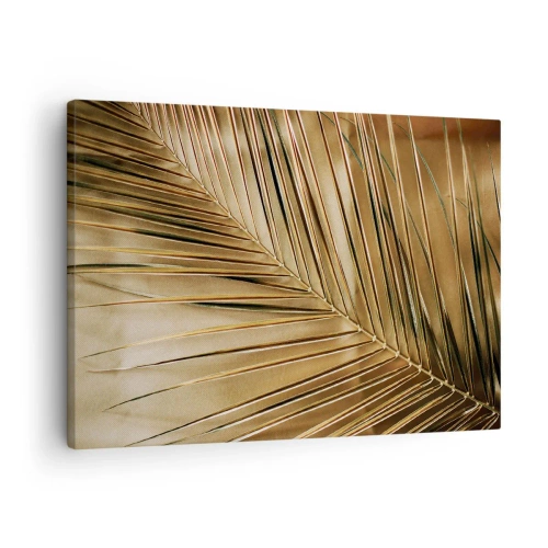 Obraz na płótnie - Złota liść palmy na jednolitym tle - 70x50cm - Naturalna kolumnada - Nowoczesna dekoracja ścienna do salonu i sypialni ARTTOR