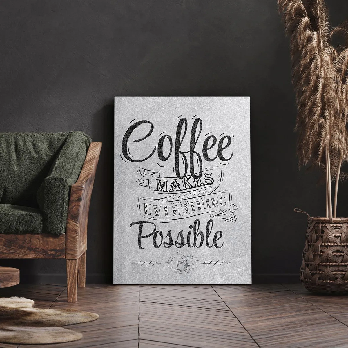 Obraz na płótnie - Czarno-biały napis 'Coffee makes everything possible' w stylu vintage - 50x70cm - Jak tu nie kochać kawy - Nowoczesna dekoracja ścienna do salonu, kuchni i sypialni ARTTOR