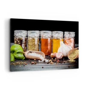 Obraz na płótnie - Zioła i przyprawy w szklanych słoikach na ciemnym tle - 100x70cm - Żeby życie miało smak - Nowoczesna dekoracja ścienna do salonu, kuchni i sypialni ARTTOR