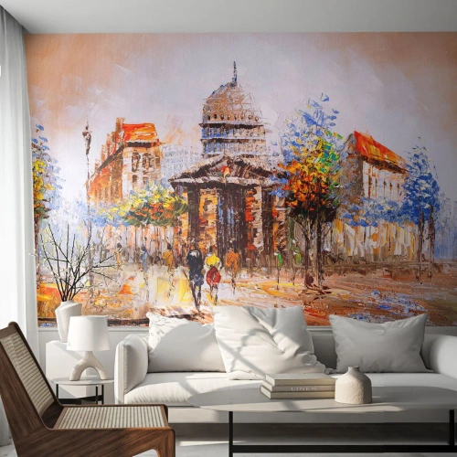 Fototapeta Premium Canvas - Impresjonistyczna scena miasta z zabytkowym budynkiem - 100x70cm - Paryski spacer - Nowoczesna dekoracja ścienna do salonu i sypialni ARTTOR