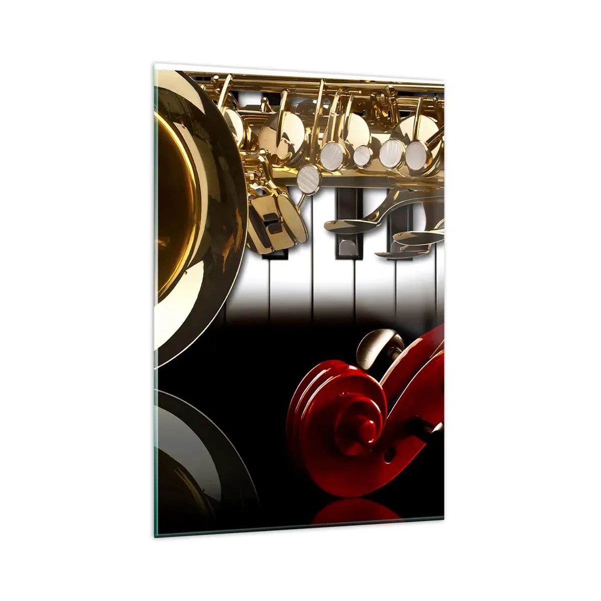 Obraz na szkle - Złoty saksofon, klawisze fortepianu i czerwona skrzypce - 80x120cm - Blacha, drewno i kość słoniowa - Nowoczesna dekoracja ścienna do salonu i sypialni ARTTOR