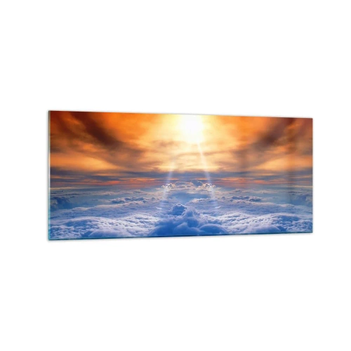 Obraz na szkle - Zachód słońca nad chmurami, niebo pełne złotych barw i światła. - 120x50cm - Pejzaż mistyczny - Nowoczesna dekoracja ścienna do salonu i sypialni ARTTOR