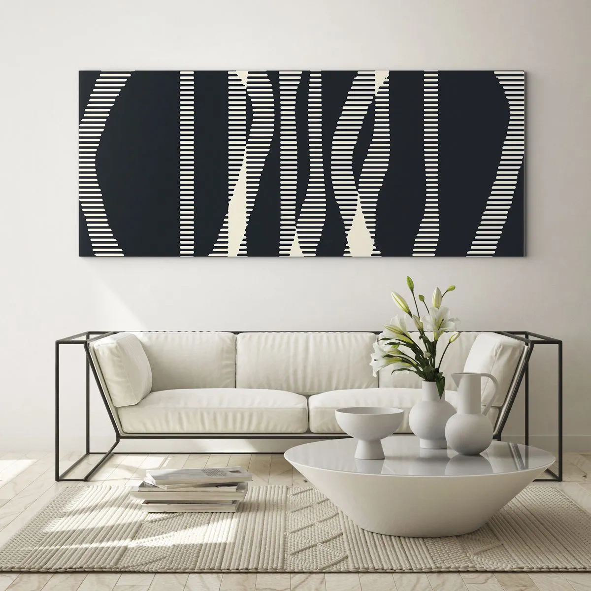 Obraz na szkle - Geometryczne linie w jasnych odcieniach na ciemnym tle - 120x50cm - Próba przełamania ciemności - Nowoczesna dekoracja ścienna do salonu i sypialni ARTTOR
