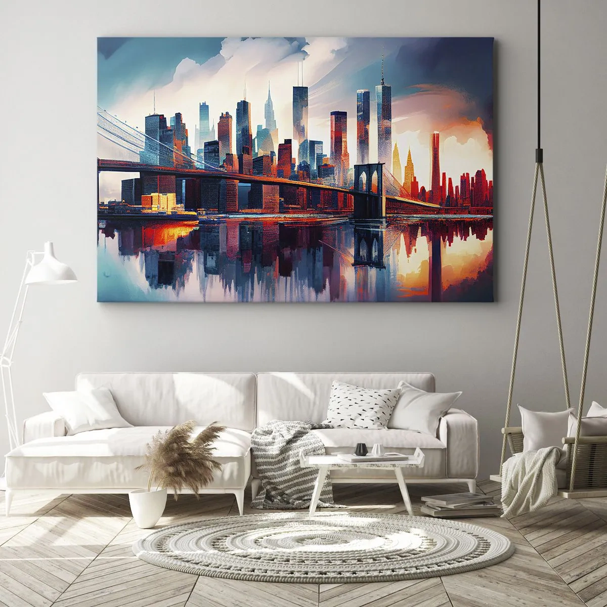Obraz na płótnie - Panorama Nowego Jorku z mostem i odbiciem w wodzie - 70x50cm - Zjawiskowy Nowy Jork - Nowoczesna dekoracja ścienna do salonu i sypialni ARTTOR