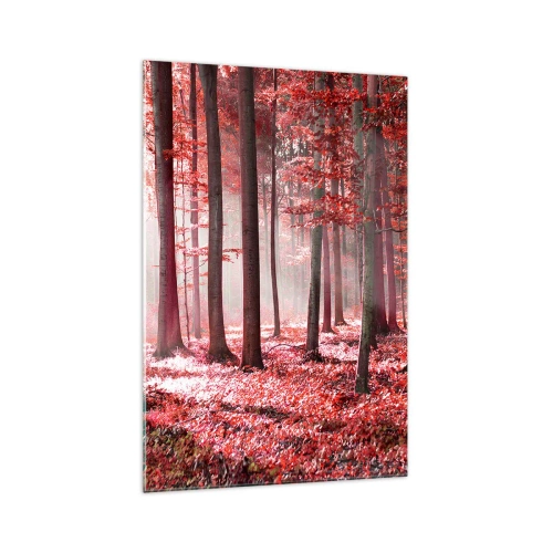 Obraz na szkle - Zachwycający las w czerwonych barwach z promieniami światła przenikającymi przez drzewa - 70x100cm - Czerwony równie piękny - Nowoczesna dekoracja ścienna do salonu i sypialni ARTTOR