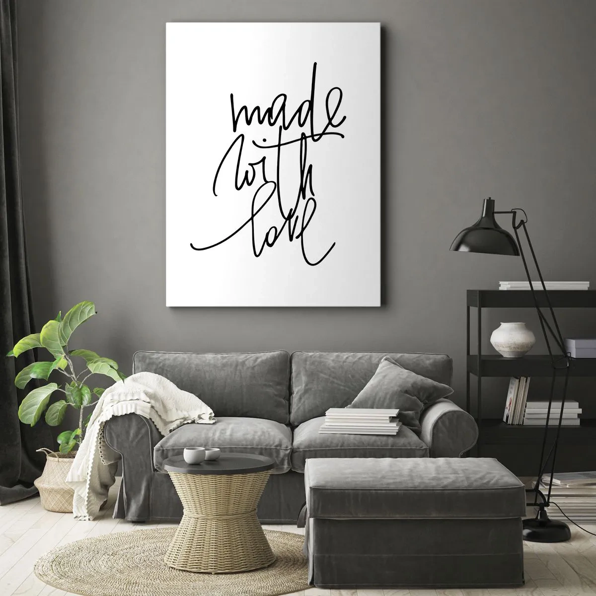 Obraz na płótnie - Najlepsza marka - Minimalistyczny obraz z napisem 'Made with love' w stylu kaligrafii - 50x70cm