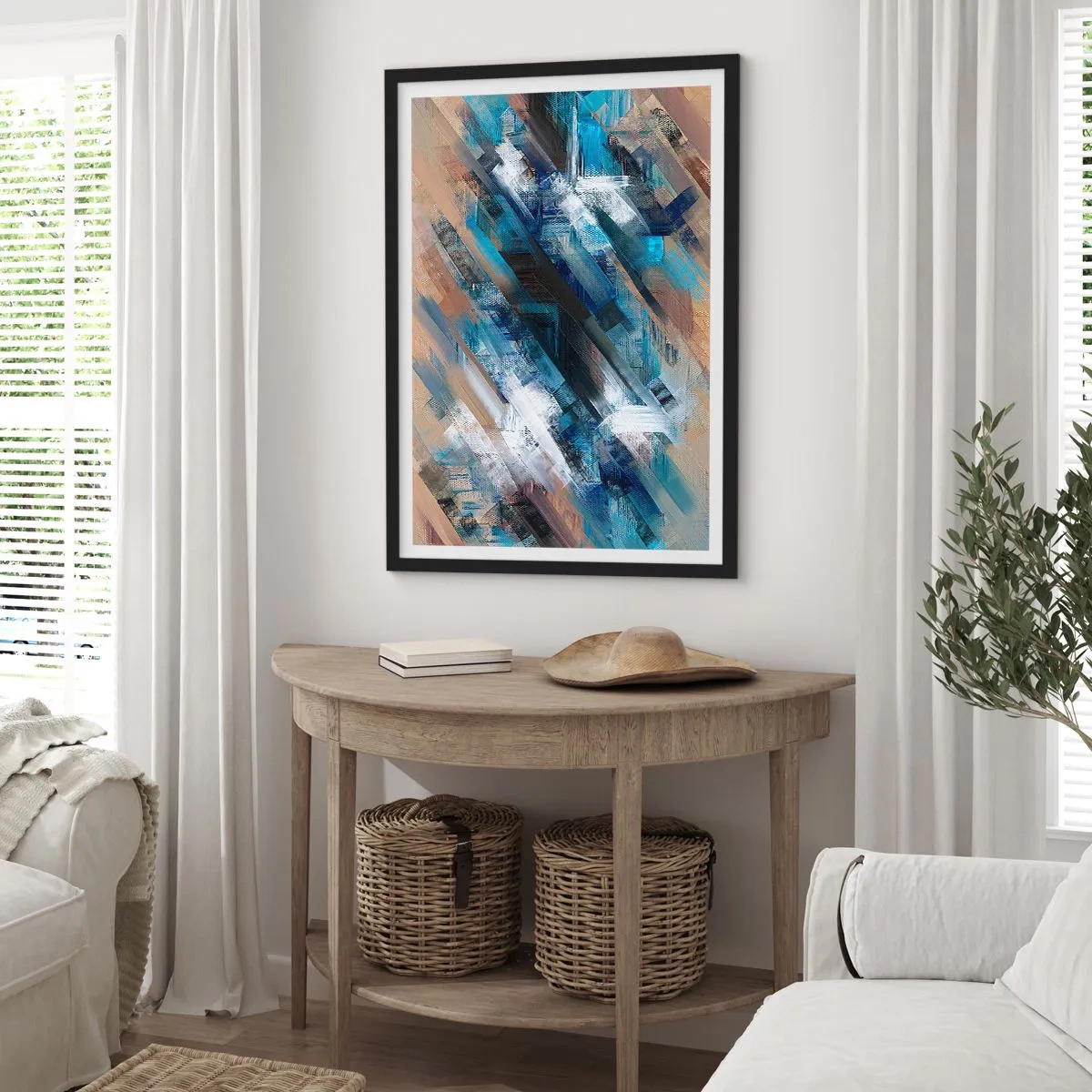 Plakat w czarnej ramie - Abstrakcyjna kompozycja z diagonalnymi liniami w odcieniach niebieskiego - 50x70cm - Po błękitnym skosie - Nowoczesna dekoracja ścienna do salonu i sypialni ARTTOR
