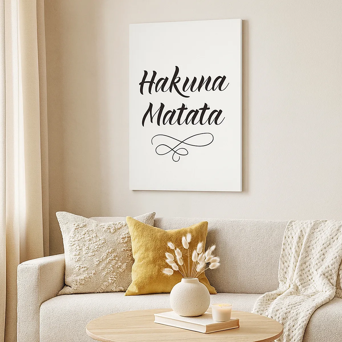 Obraz na płótnie - Napis 'Hakuna Matata' w eleganckiej czarnej czcionce na białym tle - 50x70cm - Najlepsza rada - Nowoczesna dekoracja ścienna do salonu, kuchni i sypialni ARTTOR