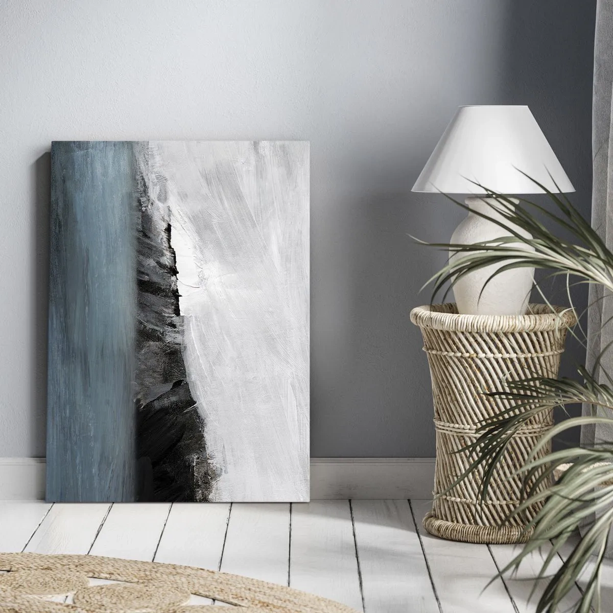 Obraz na płótnie - Abstrakcyjna kompozycja ukazująca kontrast między wodą a ziemią w dynamicznych barwach. - 50x70cm - Woda – ziemia: starcie żywiołów - Nowoczesna dekoracja ścienna do salonu, kuchni i sypialni ARTTOR