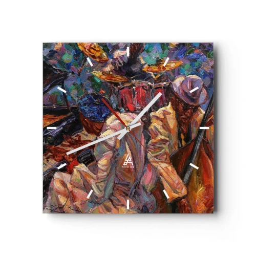 Zegar ścienny - Energetyczna scena jazzowa z muzykami i instrumentami - 30x30cm - W jednym rytmie - Nowoczesna dekoracja ścienna do salonu i sypialni ARTTOR