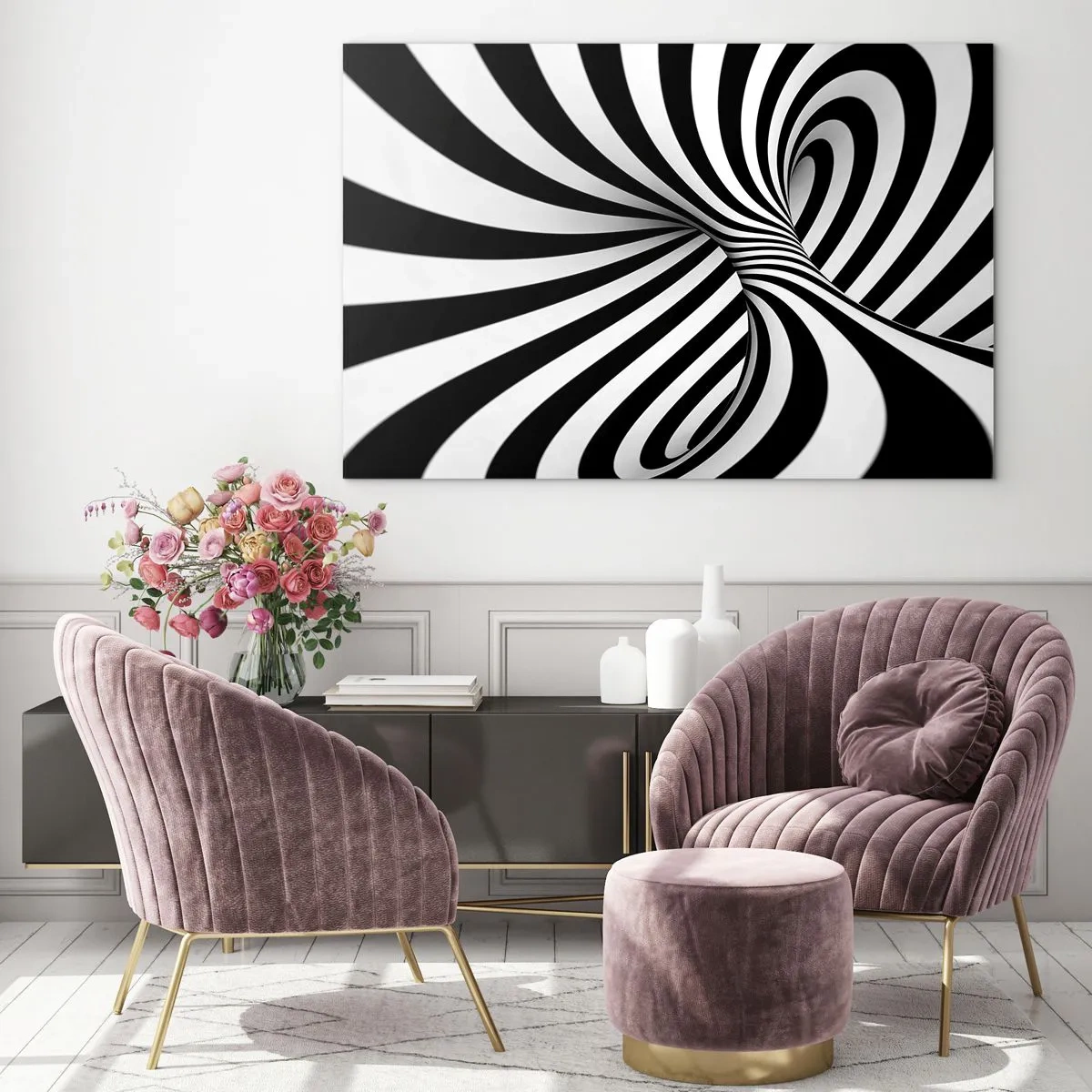 Obraz na szkle - Czarno-biała spirala tworząca dynamiczny efekt przestrzenny - 70x50cm - Kompozycja: tańcząca przestrzeń - Nowoczesna dekoracja ścienna do salonu i sypialni ARTTOR
