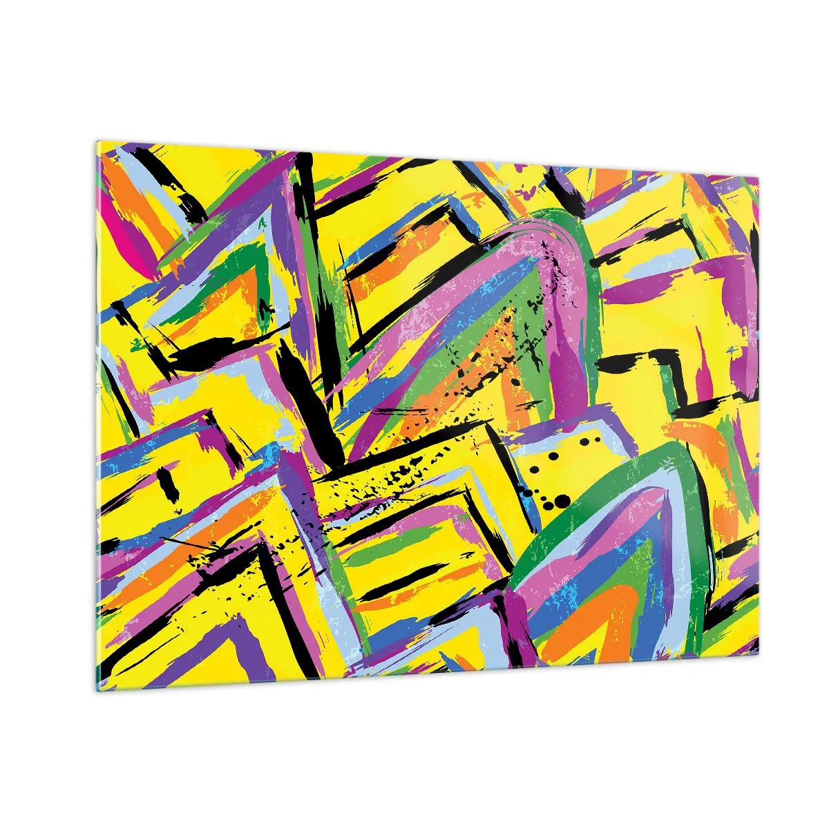 Obraz na szkle - Intensywna abstrakcja w jaskrawych kolorach na żółtym tle - 100x70cm - Aż krzyczy z radości - Nowoczesna dekoracja ścienna do salonu, kuchni i sypialni ARTTOR