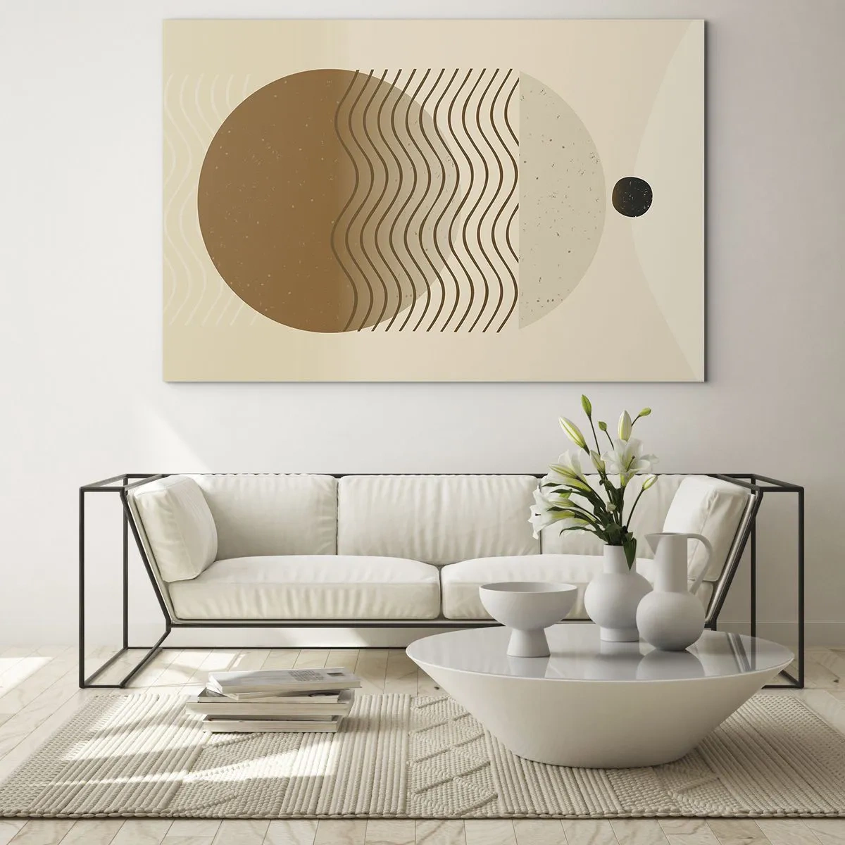 Obraz na szkle - Kompozycja geometryczna z falami i kołami w beżowej kolorystyce - 70x50cm - O pochodzeniu figur geometrycznych - Nowoczesna dekoracja ścienna do salonu i sypialni ARTTOR