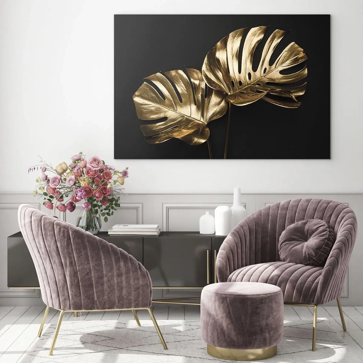 Obraz na szkle - Złote liście monstery na czarnym tle - 100x70cm - Skarby natury - Nowoczesna dekoracja ścienna do salonu, kuchni i sypialni ARTTOR