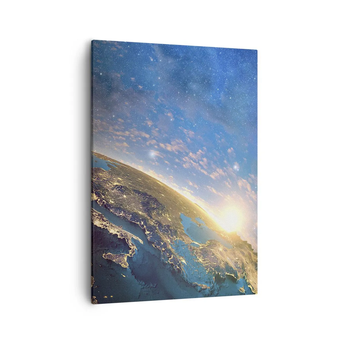 Obraz na płótnie - Widok na Ziemię z kosmosu przy wschodzie słońca - 50x70cm - Spójrzmy na siebie z dystansu - Nowoczesna dekoracja ścienna do salonu, kuchni i sypialni ARTTOR