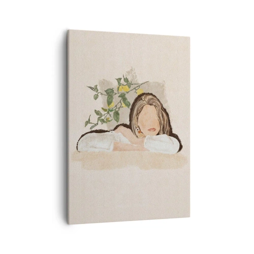 Obraz na płótnie - Minimalistyczny portret kobiety z cytrynowym drzewkiem w tle - 50x70cm - Piękność południa - Nowoczesna dekoracja ścienna do salonu, kuchni i sypialni ARTTOR