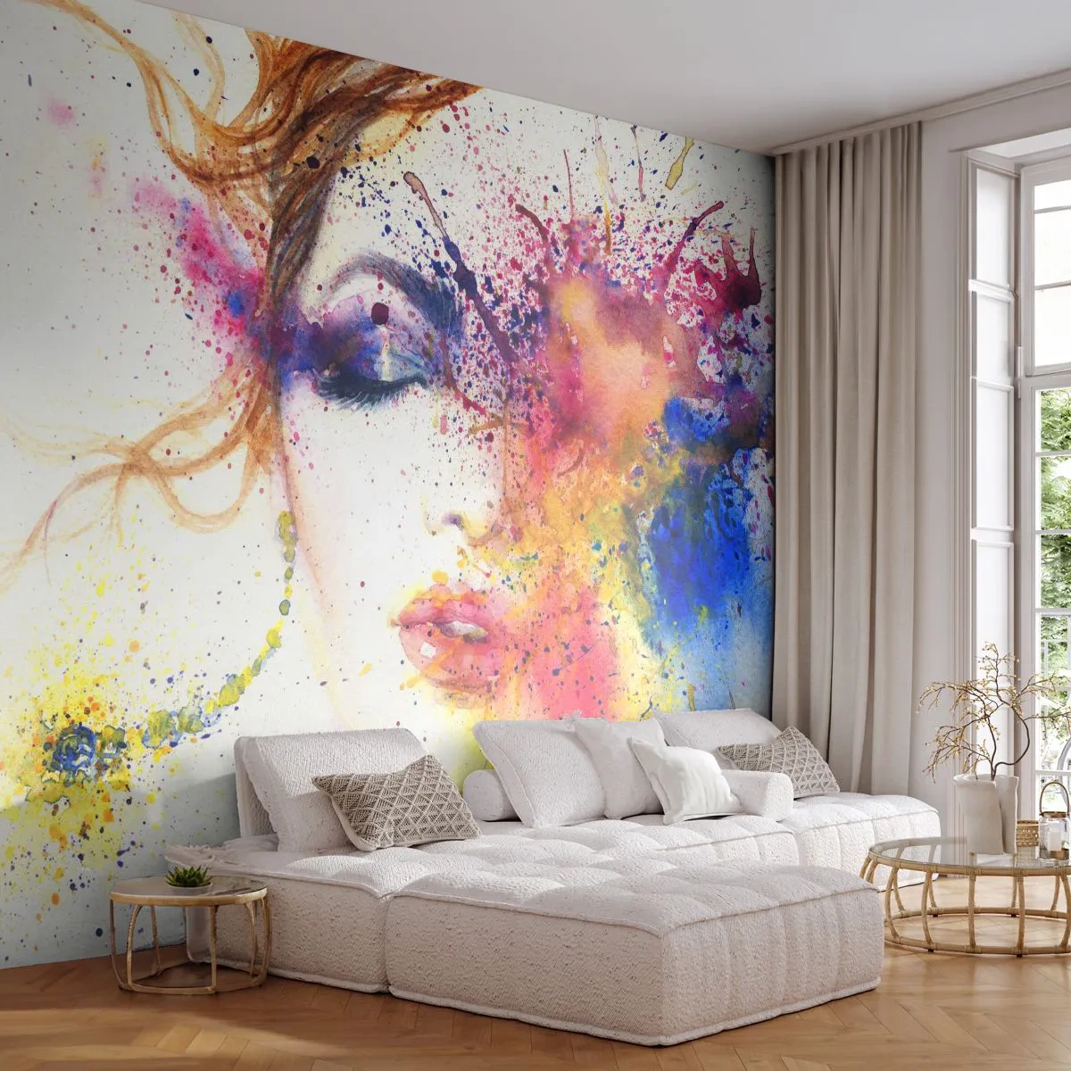 Fototapeta Premium Sand - Portret kobiety w akwarelowych barwach - 100x70cm - Tęczowy zawrót głowy - Nowoczesna dekoracja ścienna do salonu, kuchni i sypialni ARTTOR