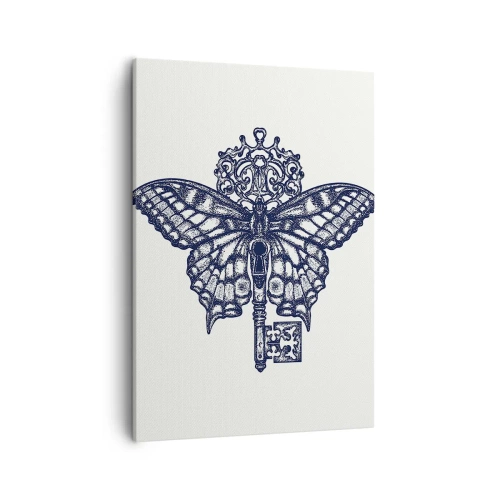 Obraz na płótnie - Motyl z ozdobnym kluczem w stylu vintage - 50x70cm - Wszystkie tajemnice serca - Nowoczesna dekoracja ścienna do salonu, kuchni i sypialni ARTTOR
