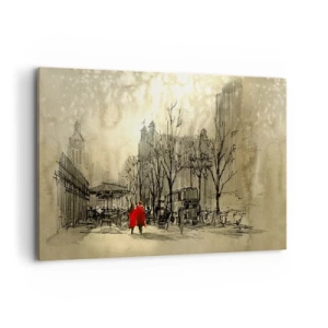 Obraz na płótnie - Czerwona postać w nostalgicznej miejskiej scenerii - 120x80cm - Randka w londyńskiej mgle  - Nowoczesna dekoracja ścienna do salonu, kuchni i sypialni ARTTOR