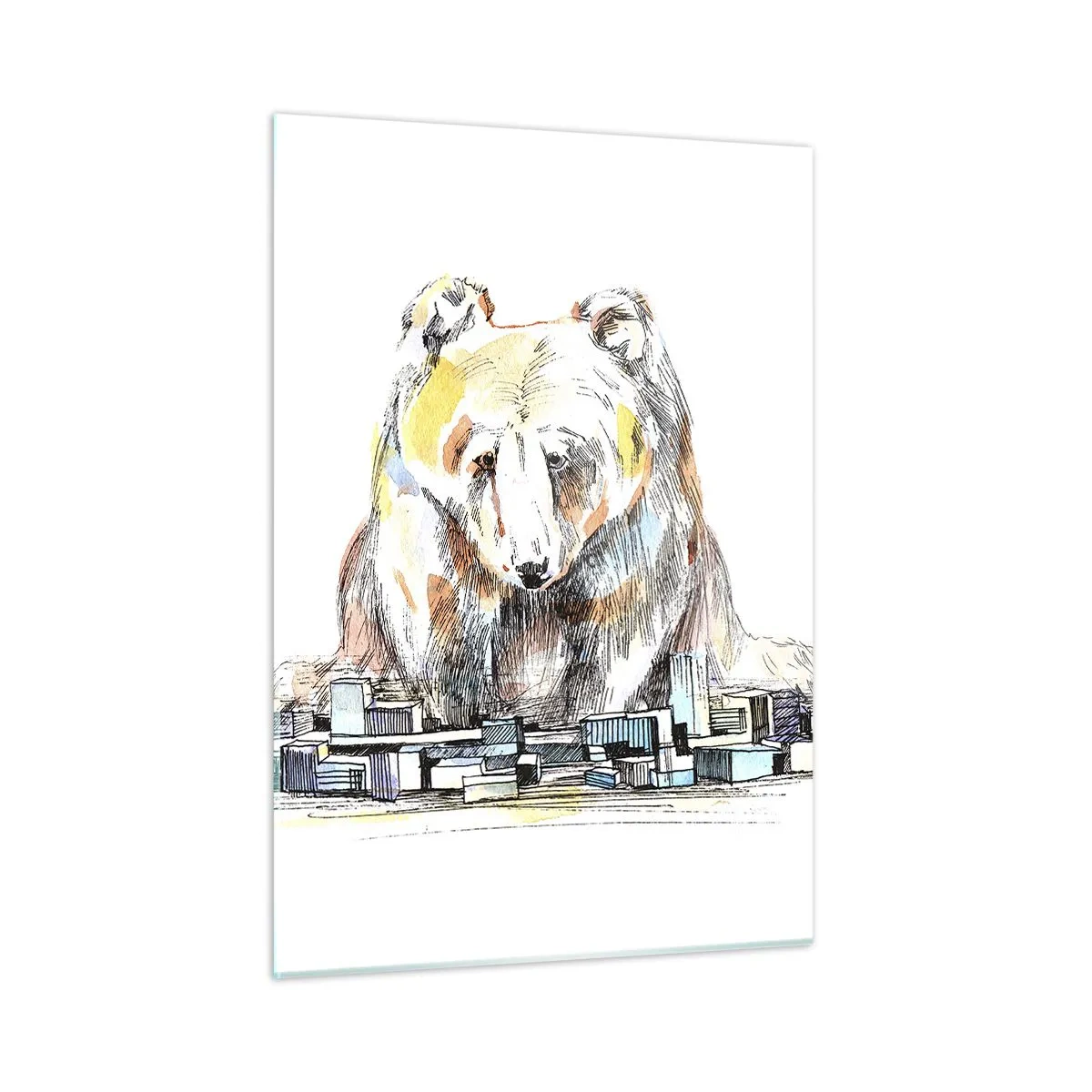 Obraz na szkle - Niedźwiedź patrzący na miasto w artystycznej kompozycji - 50x70cm - Jak można tak żyć? - Nowoczesna dekoracja ścienna do salonu, kuchni i sypialni ARTTOR