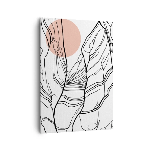 Obraz na płótnie - Graficzne liście w czarnym konturze z różowym kołem w tle - 50x70cm - W sieci gałązek - Nowoczesna dekoracja ścienna do salonu, kuchni i sypialni ARTTOR