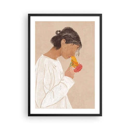 Plakat w czarnej ramie - Kobieta w bieli w chwili zadumy nad kwiatami - 50x70cm - Dziewczyna i kwiaty - Nowoczesna dekoracja ścienna do salonu i sypialni ARTTOR
