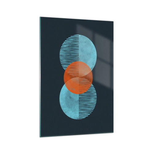 Obraz na szkle - Geometryczne koła w odcieniach niebieskiego i pomarańczowego - 70x100cm - Kompozycja symetryczna - Nowoczesna dekoracja ścienna do salonu i sypialni ARTTOR