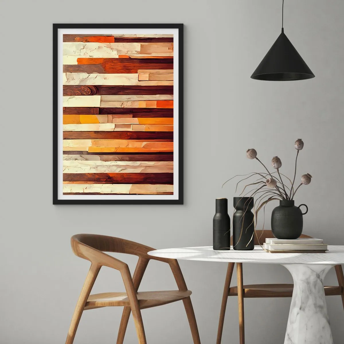 Plakat w czarnej ramie - Abstrakcyjna kompozycja drewnianych paneli w ciepłych barwach - 50x70cm - Hymn leśnych drzew - Nowoczesna dekoracja ścienna do salonu i sypialni ARTTOR