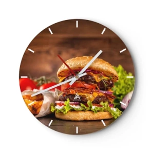 Zegar ścienny - Soczysty burger z dodatkami na drewnianym tle - 30x30cm - Zakazany owoc - Nowoczesna dekoracja ścienna do salonu, kuchni i sypialni ARTTOR