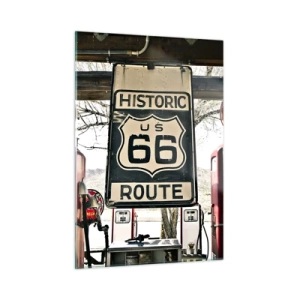 Obraz na szkle - Zabytkowe dystrybutory paliwa i znak Route 66 - 50x70cm - Amerykańska retro podróż - Nowoczesna dekoracja ścienna do salonu, kuchni i sypialni ARTTOR
