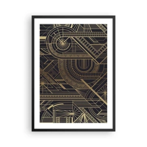 Plakat w czarnej ramie - Geometryczny wzór w złotych odcieniach na czarnym tle - 50x70cm - Koncepty, idee, plany - Nowoczesna dekoracja ścienna do salonu i sypialni ARTTOR