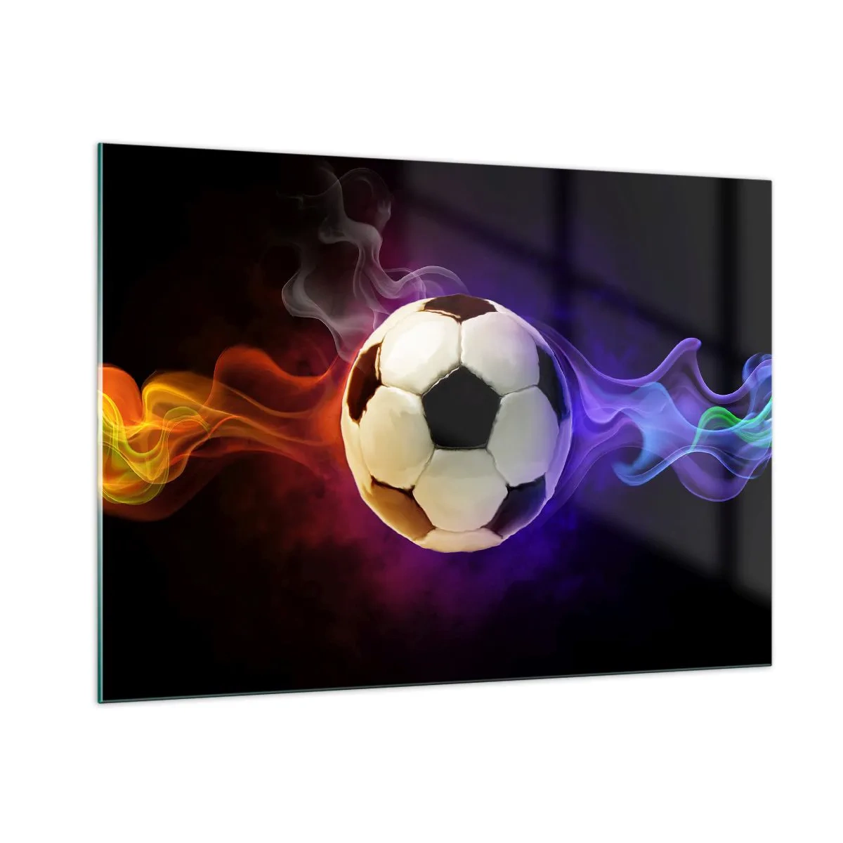 Obraz na szkle - Piłka nożna otoczona kolorowymi smugami - 100x70cm - Magiczna moc gry - Nowoczesna dekoracja ścienna do salonu, kuchni i sypialni ARTTOR