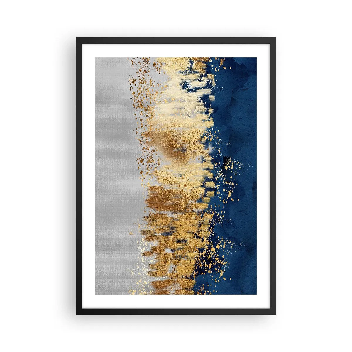 Plakat w czarnej ramie - Abstrakcyjna kompozycja w odcieniach granatu, złota i srebra - 50x70cm - Nowoczesna kompozycja z błyskiem - Nowoczesna dekoracja ścienna do salonu i sypialni ARTTOR