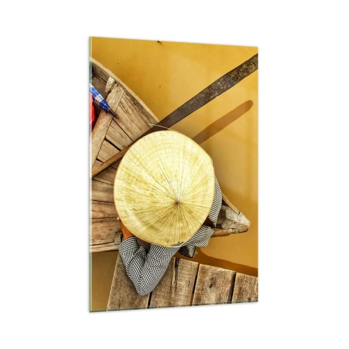 Obraz na szkle - Tradycyjna łódź widziana z lotu ptaka - 80x120cm - Życie na żółtej rzece - Nowoczesna dekoracja ścienna do salonu i sypialni ARTTOR