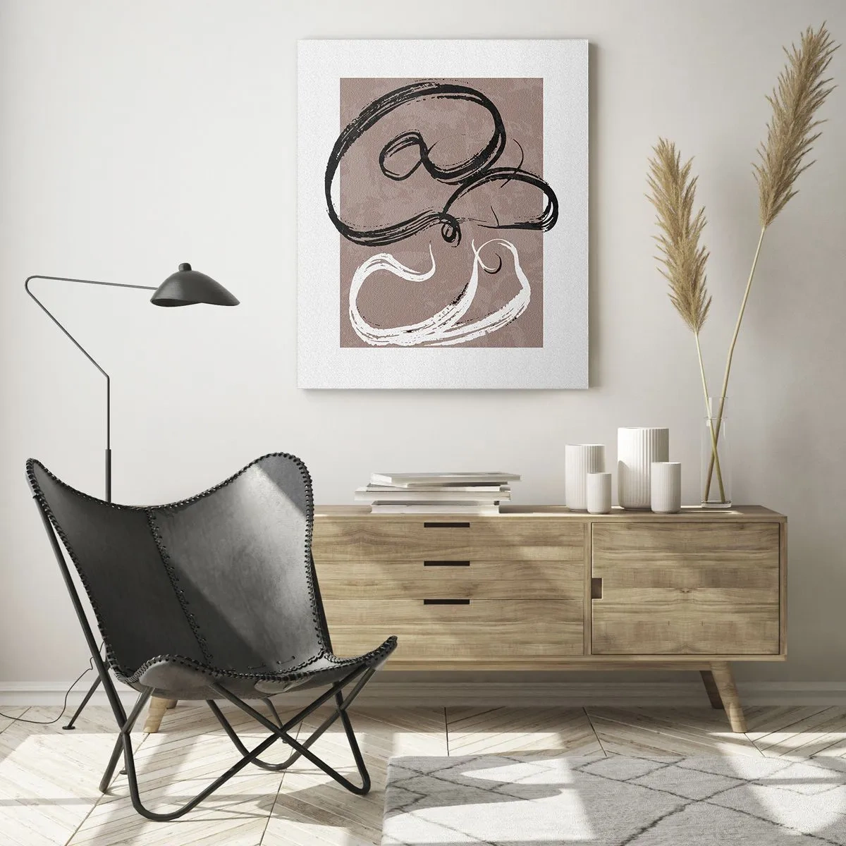 Obraz na szkle - Czarno-biała abstrakcja na beżowym tle - 80x120cm - Kompozycja – poszukiwanie pełni - Nowoczesna dekoracja ścienna do salonu i sypialni ARTTOR