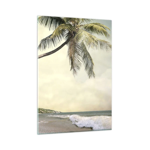 Obraz na szkle - Tropikalna plaża z palmą i falami - 50x70cm - Tropikalne marzenie - Nowoczesna dekoracja ścienna do salonu, kuchni i sypialni ARTTOR