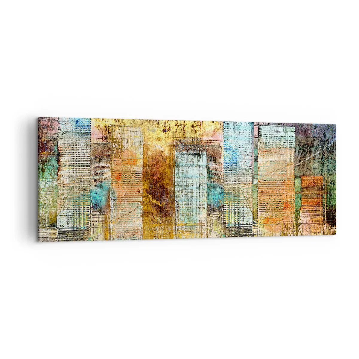 Obraz na płótnie - Abstrakcyjne wieżowce w industrialnej stylistyce - 140x50cm - Słoneczna metropolia - Nowoczesna dekoracja ścienna do salonu i sypialni ARTTOR