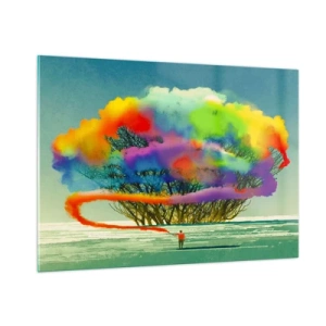 Obraz na szkle - Kolorowa eksplozja dymu na tle samotnego drzewa - 100x70cm - Ożywić ten świat - Nowoczesna dekoracja ścienna do salonu, kuchni i sypialni ARTTOR