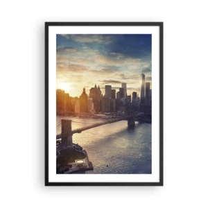 Plakat w czarnej ramie - Widok na Manhattan o zachodzie słońca z mostem Brooklińskim - 50x70cm - Pomnik kultury Zachodu - Nowoczesna dekoracja ścienna do salonu i sypialni ARTTOR