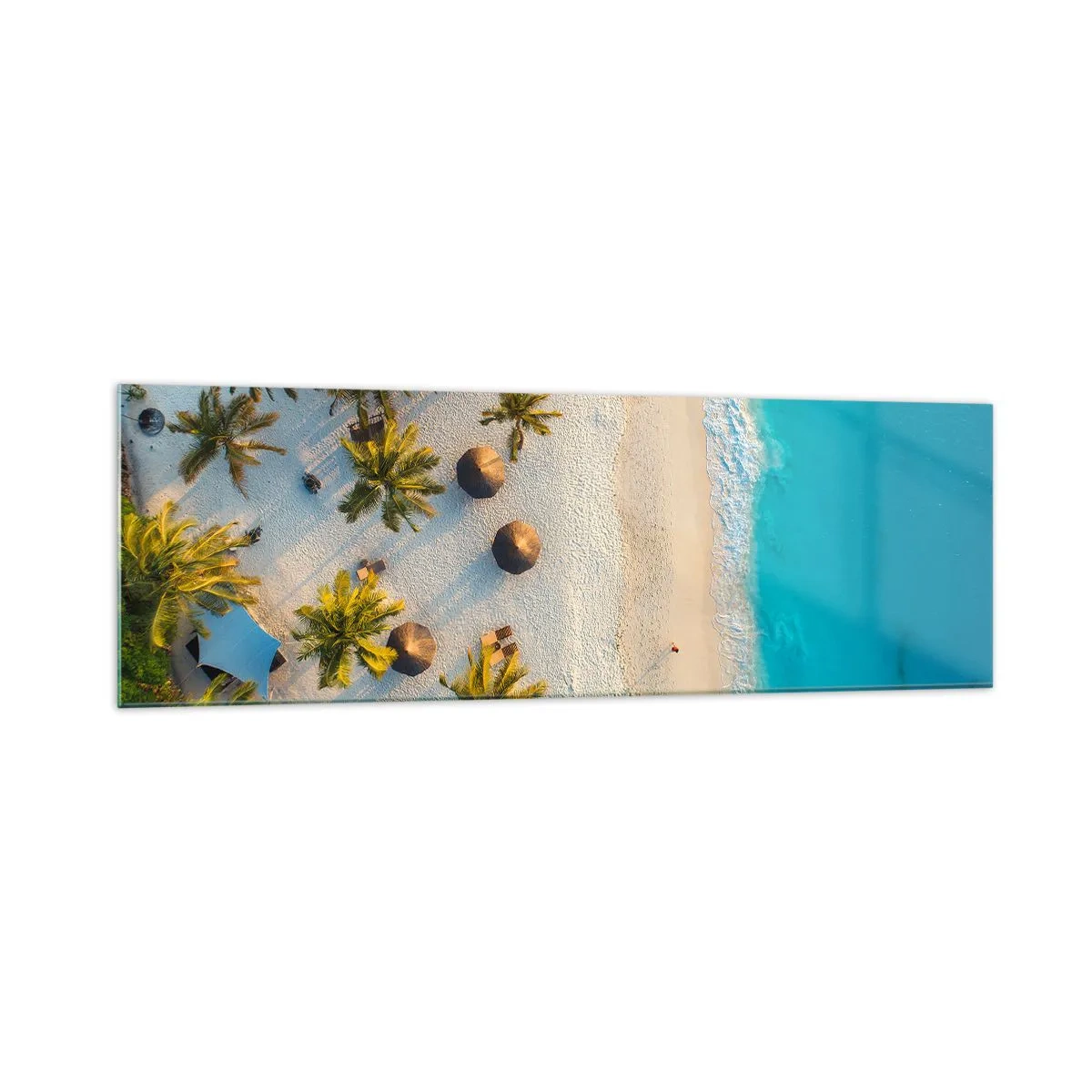 Obraz na szkle - Widok na tropikalną plażę z palmami i turkusowym morzem - 160x50cm - Witaj w raju - Nowoczesna dekoracja ścienna do salonu i sypialni ARTTOR