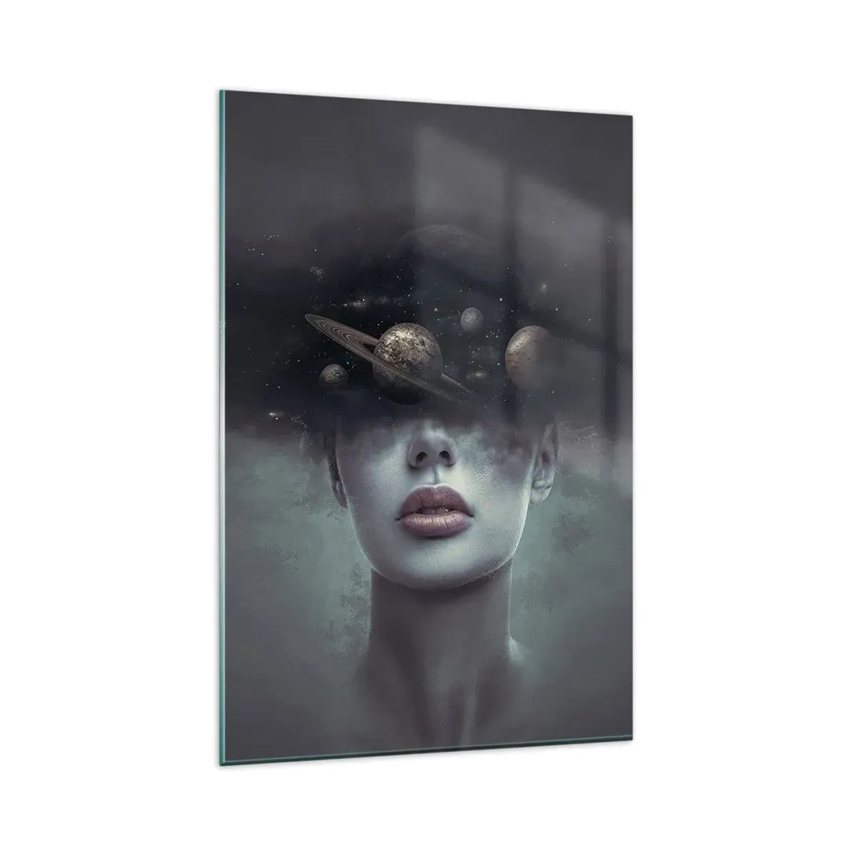 Obraz na szkle - Kobieca twarz z motywem planet i kosmosu w tle - 80x120cm - A planety szaleją… - Nowoczesna dekoracja ścienna do salonu i sypialni ARTTOR