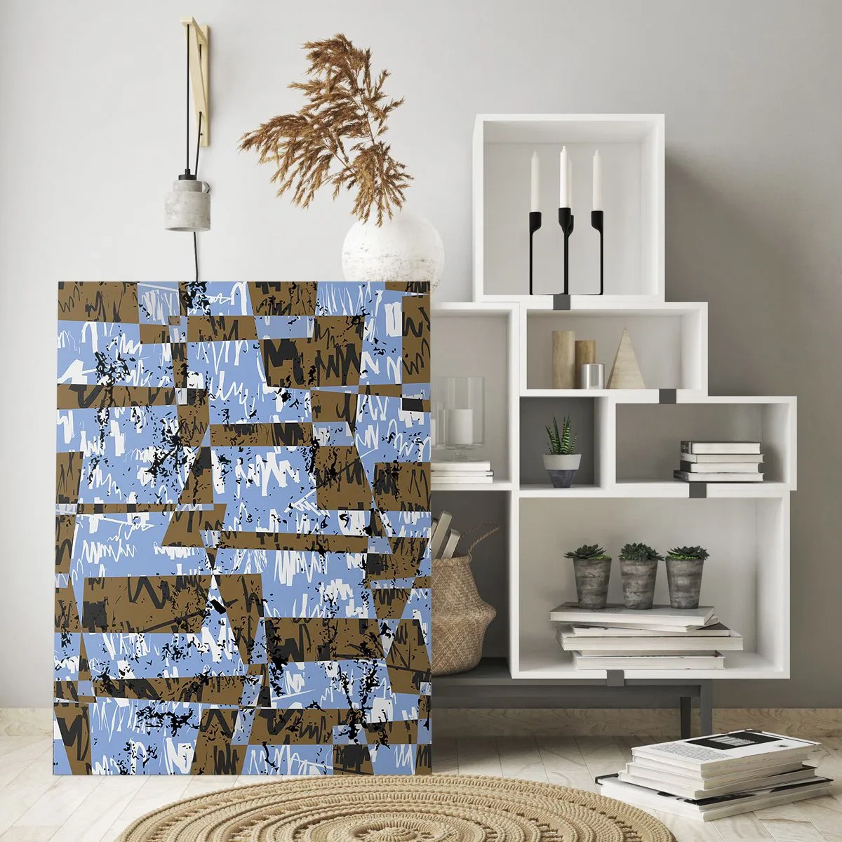 Obraz na szkle - Geometryczna abstrakcja z odcieniami niebieskiego i brązu - 50x70cm - Nieludowa wycinanka - Nowoczesna dekoracja ścienna do salonu, kuchni i sypialni ARTTOR