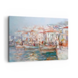 Obraz na płótnie - Impresja portowa z łodziami i budynkami - 120x80cm - Pastelowe wakacje - Nowoczesna dekoracja ścienna do salonu, kuchni i sypialni ARTTOR