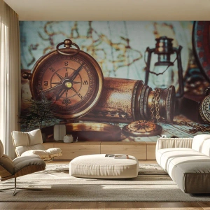 Fototapeta Premium Canvas - Zestaw retro z kompasem, lunetą i mapą w klimacie podróżniczym - 100x70cm - Piracka przygoda na Karaibach czeka - Nowoczesna dekoracja ścienna do salonu i sypialni ARTTOR