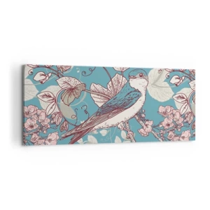 Obraz na płótnie - Ptak na gałęzi w delikatnym floralnym stylu - 120x50cm - W białodrzewiu ćwirnie i srebliście - Nowoczesna dekoracja ścienna do salonu i sypialni ARTTOR