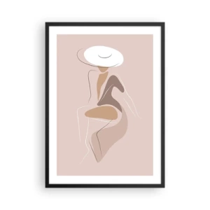 Plakat w czarnej ramie - Minimalistyczny wizerunek kobiety w kapeluszu na beżowym tle - 50x70cm - Damą być - Nowoczesna dekoracja ścienna do salonu i sypialni ARTTOR